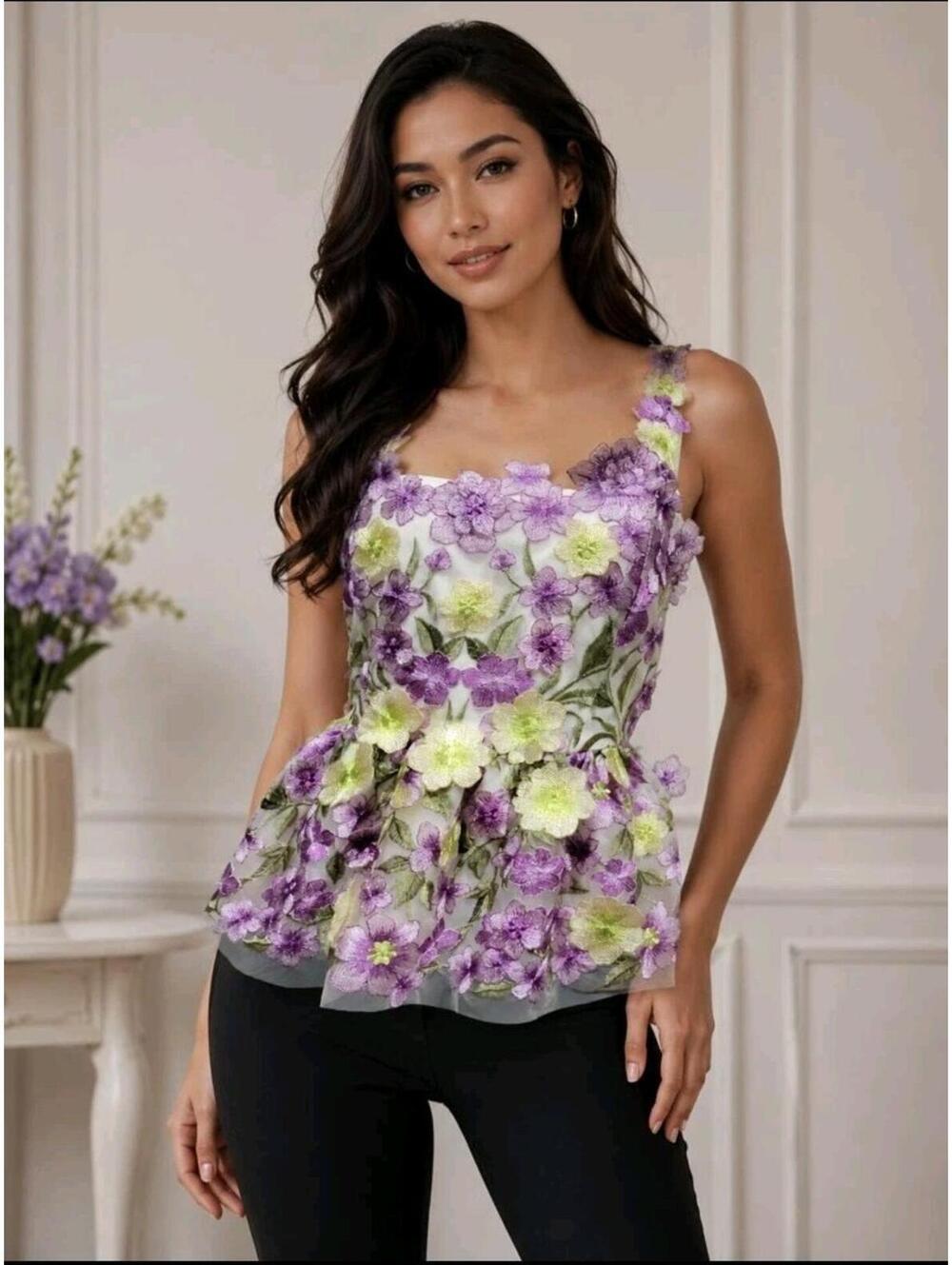 Muse by Marchesa Cynthia Orchid Floral Novelty Size 8 Embroidered Top NWT #CB2